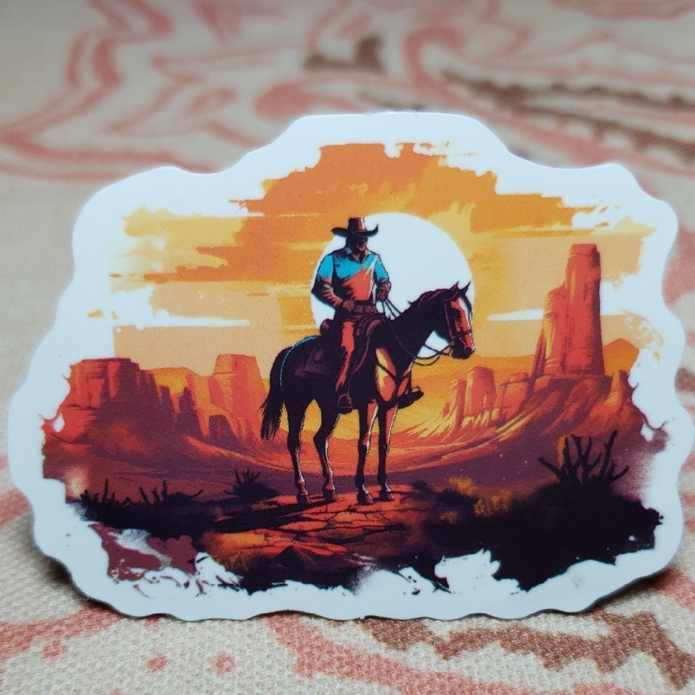 Cowboy Sticker with Sunset Scene Desert Sticker Wild West Sticker (G)